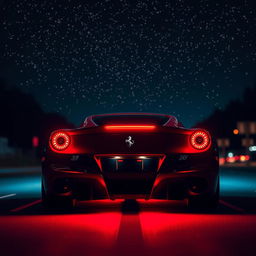 A stunning rear view of a sleek Ferrari driving down a street, illuminated by vibrant red night lighting, creating a dramatic atmosphere