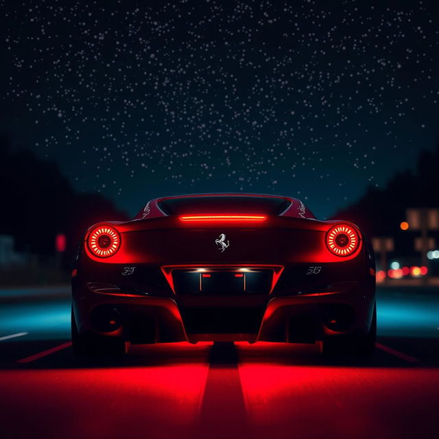 A stunning rear view of a sleek Ferrari driving down a street, illuminated by vibrant red night lighting, creating a dramatic atmosphere