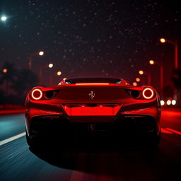 A stunning rear view of a sleek Ferrari driving down a street, illuminated by vibrant red night lighting, creating a dramatic atmosphere