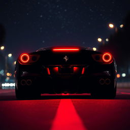 A stunning rear view of a sleek Ferrari driving down a street, illuminated by vibrant red night lighting, creating a dramatic atmosphere
