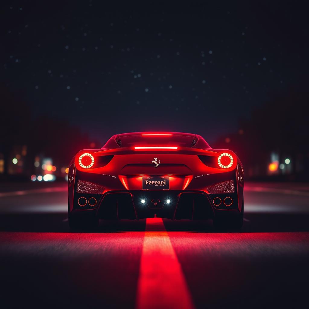 A stunning rear view of a sleek Ferrari driving down a street, illuminated by vibrant red night lighting, creating a dramatic atmosphere