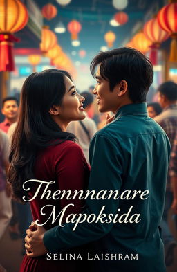 An intimate scene depicting a romantic Asian couple gazing at each other over their shoulders amidst a lively crowd