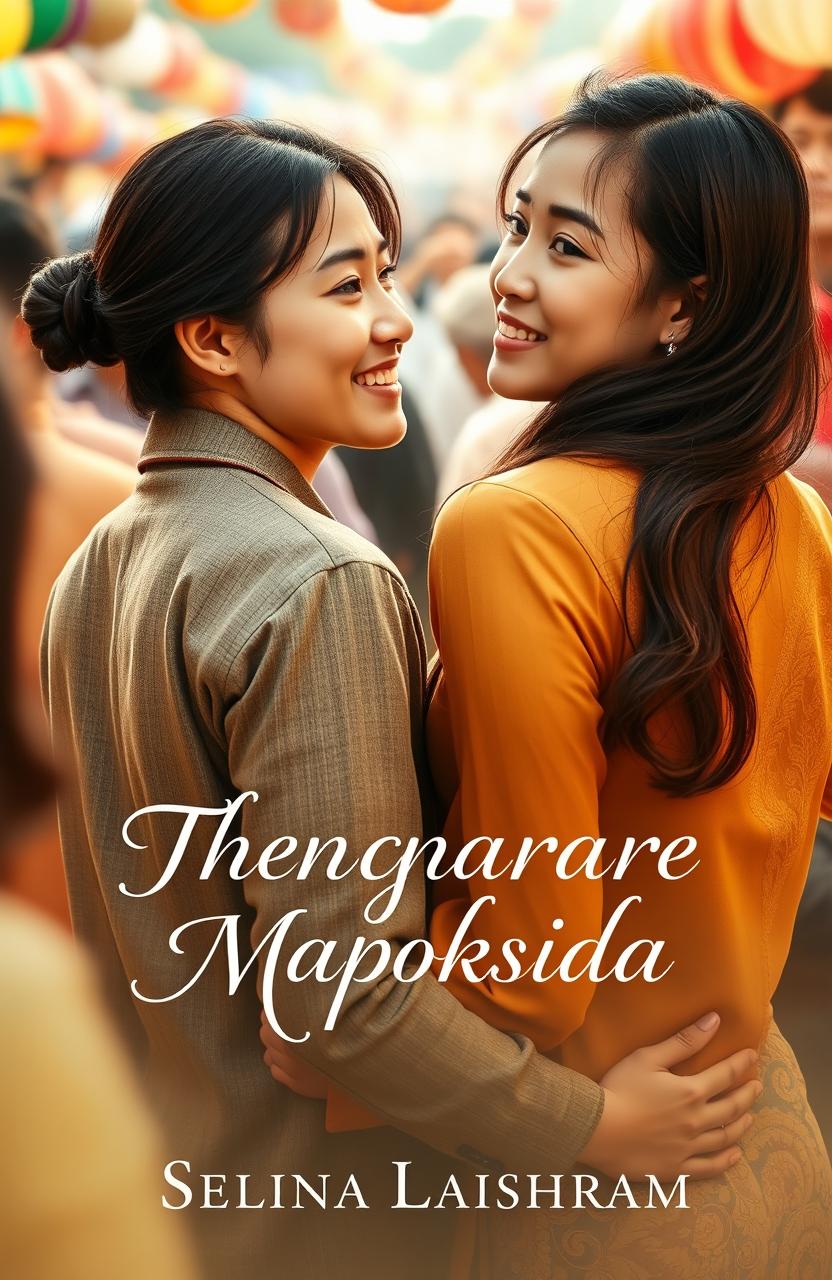 An intimate scene depicting a romantic Asian couple gazing at each other over their shoulders amidst a lively crowd