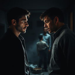 A dramatic scene depicting a tense moment where a man is questioning his brother about witnessing a murder