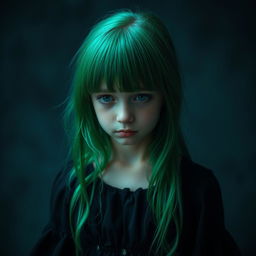 A sad girl wearing a black dress, with green hair