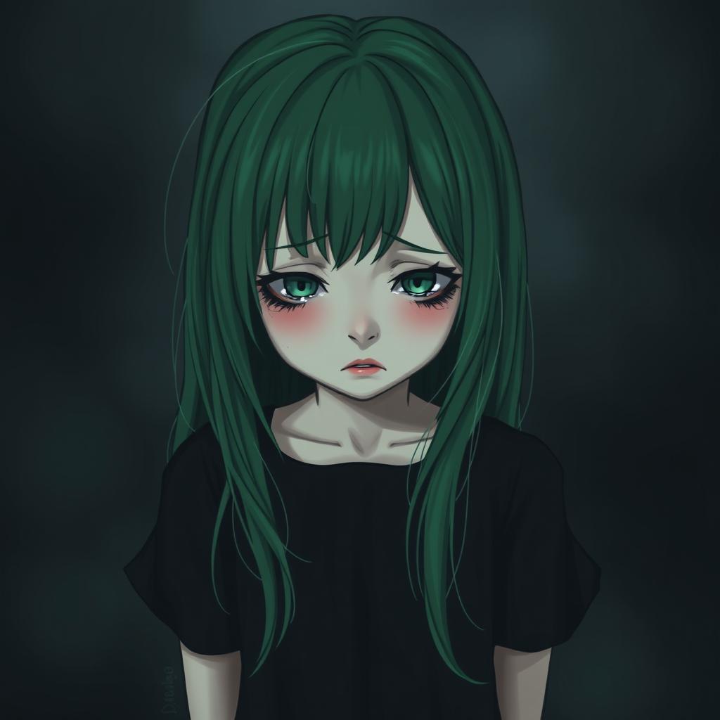 A sad girl wearing a black dress, with green hair