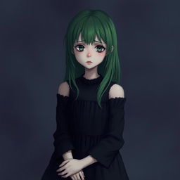 A sad girl wearing a black dress, with green hair