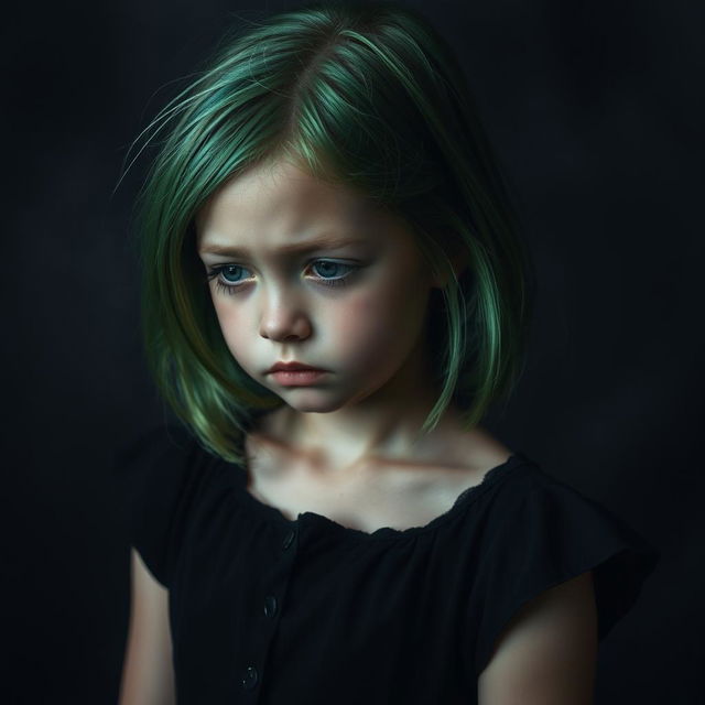 A sad girl wearing a black dress, with green hair