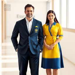 A uniform design for the management team of "Escola Elizabeth" featuring the colors white, blue, and yellow