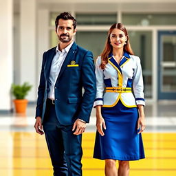 A uniform design for the management team of "Escola Elizabeth" featuring the colors white, blue, and yellow