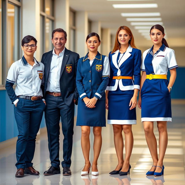 A uniform design for the management team of "Escola Elizabeth" featuring the colors white, blue, and yellow