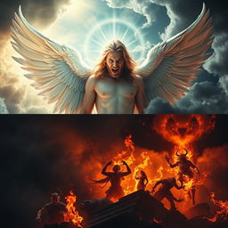 An evocative and dramatic representation of the fascinating story of Lucifer, depicting his transformation from a beautiful angel to Satan