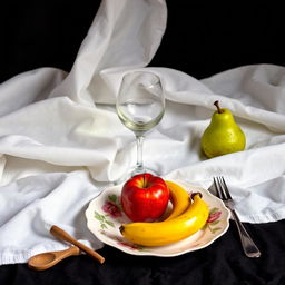 A still life composition featuring a half-filled glass resting on a white fabric background and a black fabric background