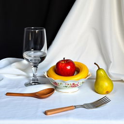 A still life composition featuring a half-filled glass resting on a white fabric background and a black fabric background