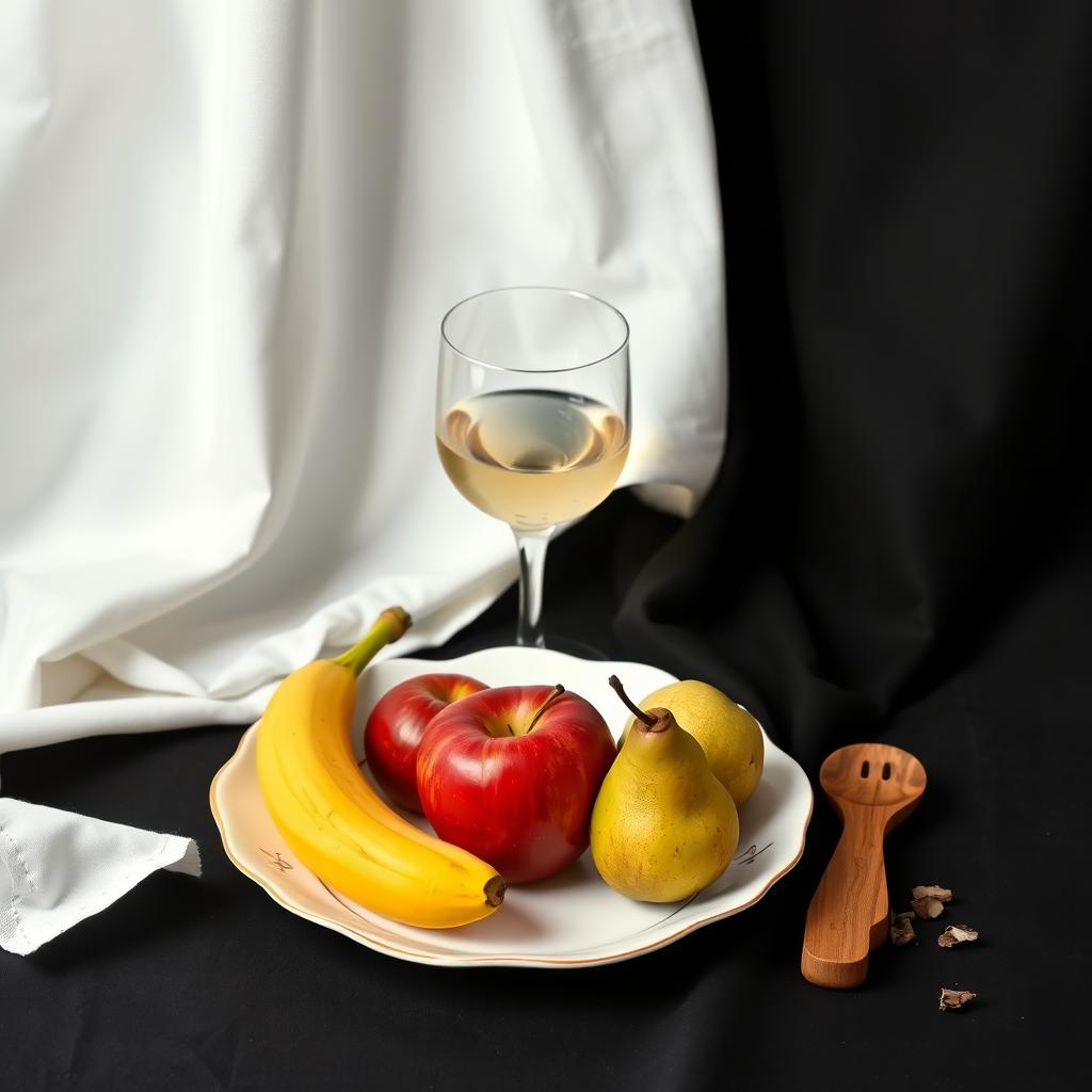 A still life composition featuring a half-filled glass resting on a white fabric background and a black fabric background
