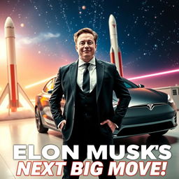 A dynamic and eye-catching YouTube thumbnail featuring Elon Musk, showcasing him in a futuristic, high-tech environment