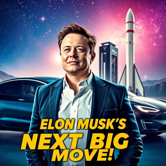 A dynamic and eye-catching YouTube thumbnail featuring Elon Musk, showcasing him in a futuristic, high-tech environment