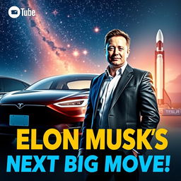A dynamic and eye-catching YouTube thumbnail featuring Elon Musk, showcasing him in a futuristic, high-tech environment