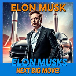 A dynamic and eye-catching YouTube thumbnail featuring Elon Musk, showcasing him in a futuristic, high-tech environment