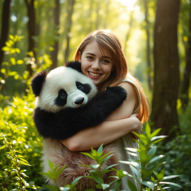 A heartwarming scene of a person hugging a fluffy panda bear in a lush green forest