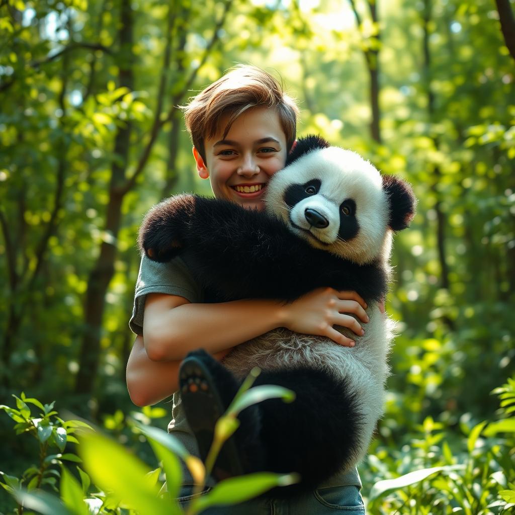 A heartwarming scene of a person hugging a fluffy panda bear in a lush green forest