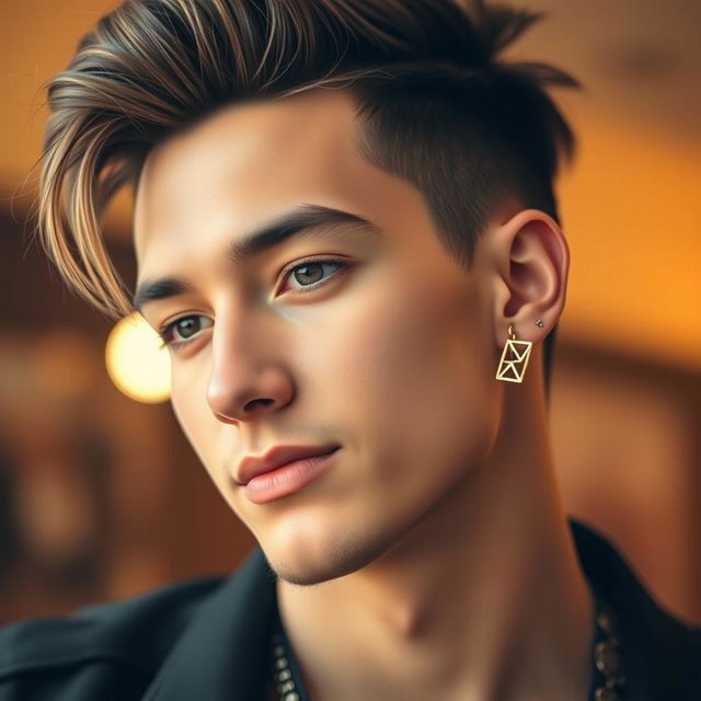 A close-up portrait of a fashionable young man wearing a stylish earring in his ear