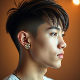 A close-up portrait of a fashionable young man wearing a stylish earring in his ear