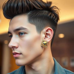 A close-up portrait of a fashionable young man wearing a stylish earring in his ear