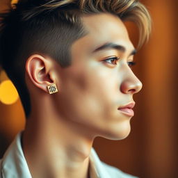 A close-up portrait of a fashionable young man wearing a stylish earring in his ear