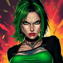A woman with both green and black hair, wearing a combination of a black and green outfit
