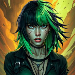 A woman with both green and black hair, wearing a combination of a black and green outfit