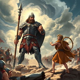 An epic and dramatic illustration of the battle between David and Goliath, capturing the tension and energy of this legendary encounter