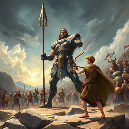 An epic and dramatic illustration of the battle between David and Goliath, capturing the tension and energy of this legendary encounter
