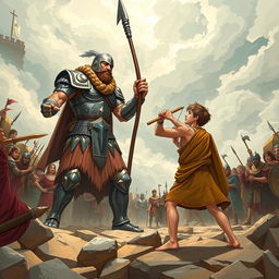 An epic and dramatic illustration of the battle between David and Goliath, capturing the tension and energy of this legendary encounter
