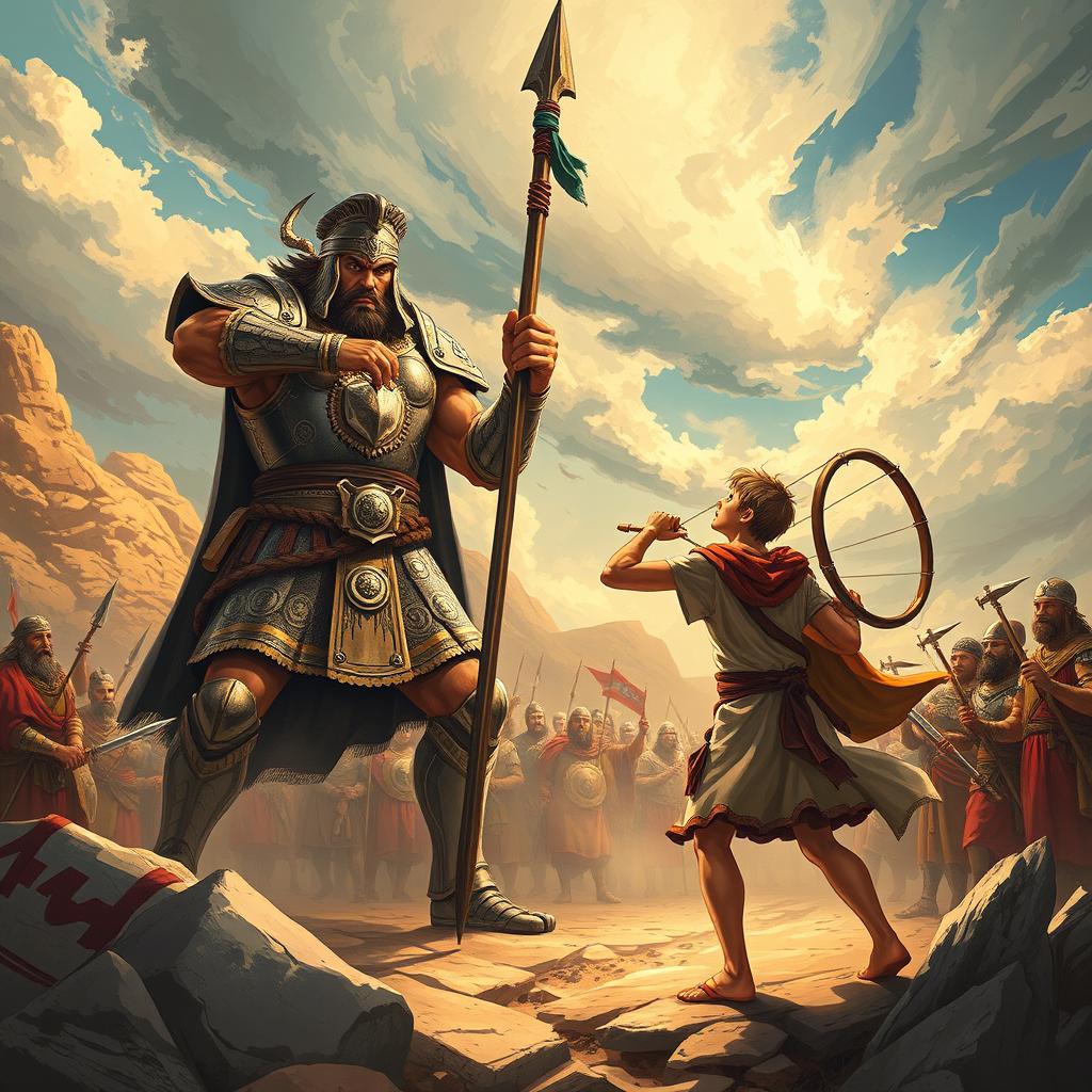 An epic and dramatic illustration of the battle between David and Goliath, capturing the tension and energy of this legendary encounter