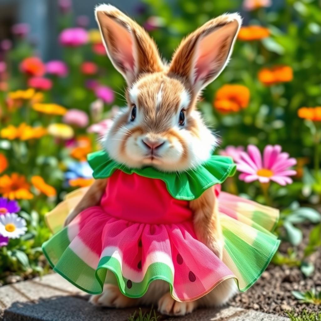 A cute rabbit wearing a vibrant watermelon-themed dress