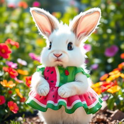 A cute rabbit wearing a vibrant watermelon-themed dress