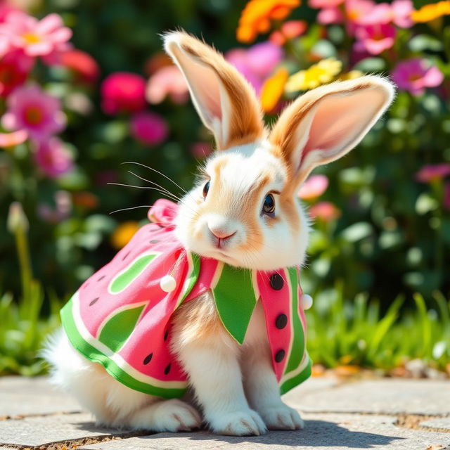 A cute rabbit wearing a vibrant watermelon-themed dress