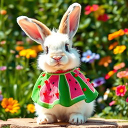 A cute rabbit wearing a vibrant watermelon-themed dress
