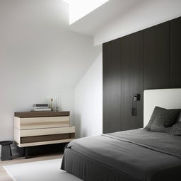 Modern interior of a bedroom with a monochrome theme