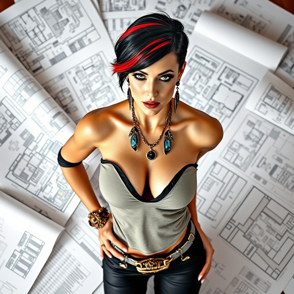 A female architect confidently standing amidst an array of architectural plans spread out around her