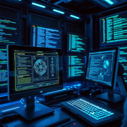 A detailed, futuristic scene showing two computers interconnected, with visible digital data flowing between them