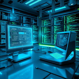 A detailed, futuristic scene showing two computers interconnected, with visible digital data flowing between them
