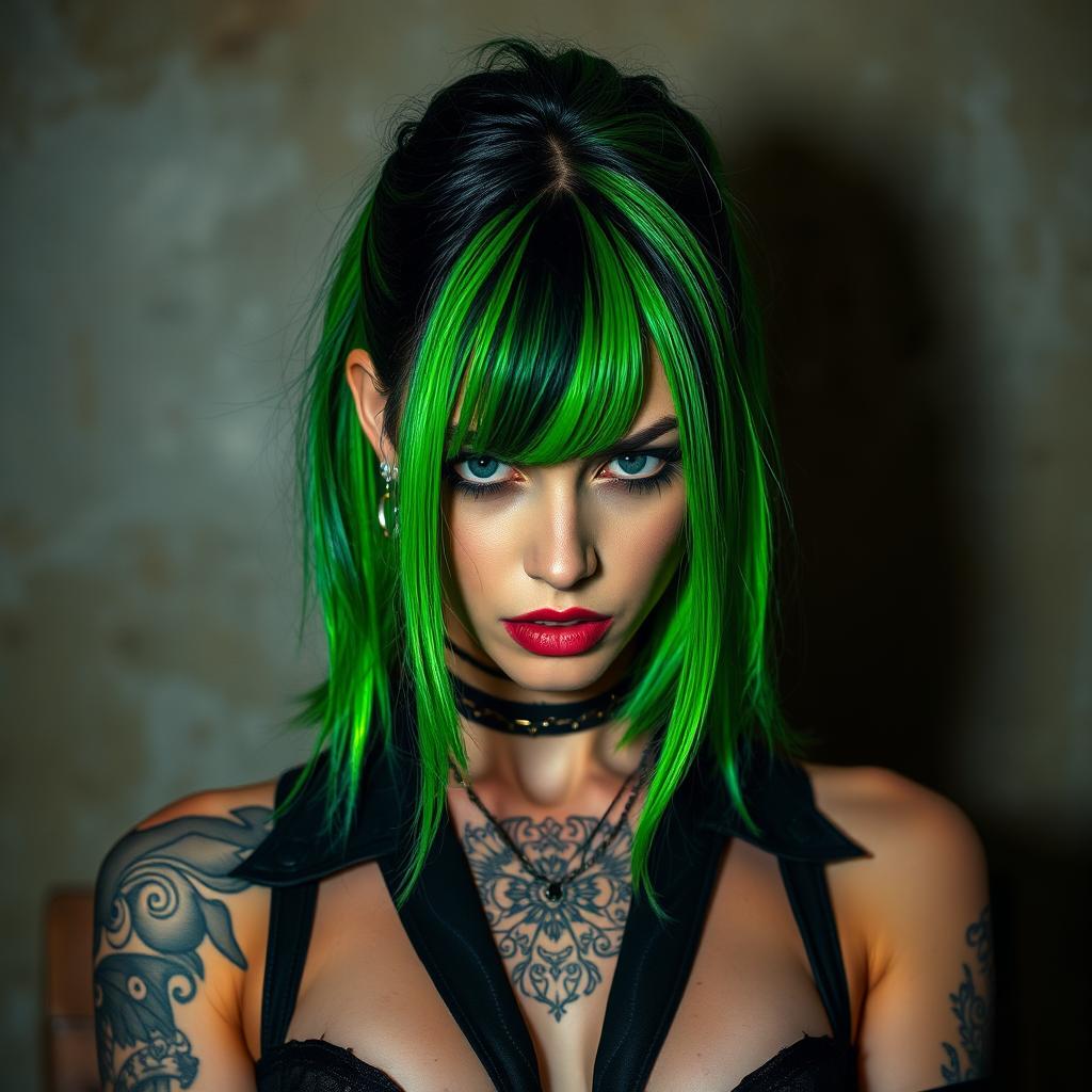 A woman with half green and half black hair, wearing a stylish outfit that combines both black and green elements