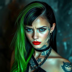 A woman with half green and half black hair, wearing a stylish outfit that combines both black and green elements