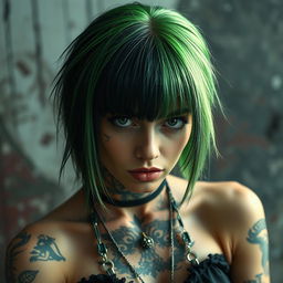A woman with half green and half black hair, wearing a stylish outfit that combines both black and green elements