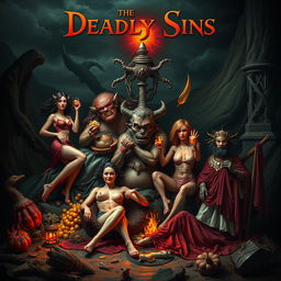 An imaginative and visually striking interpretation of the seven deadly sins, each represented by a unique character or symbol