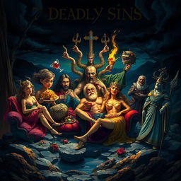 An imaginative and visually striking interpretation of the seven deadly sins, each represented by a unique character or symbol