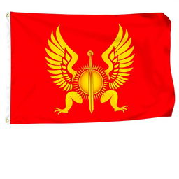 A flag with a bright red background featuring a large, imposing golden symbol of a sitting sun at the center