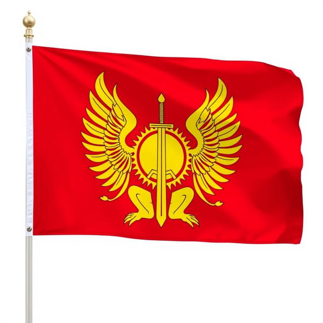 A flag with a bright red background featuring a large, imposing golden symbol of a sitting sun at the center